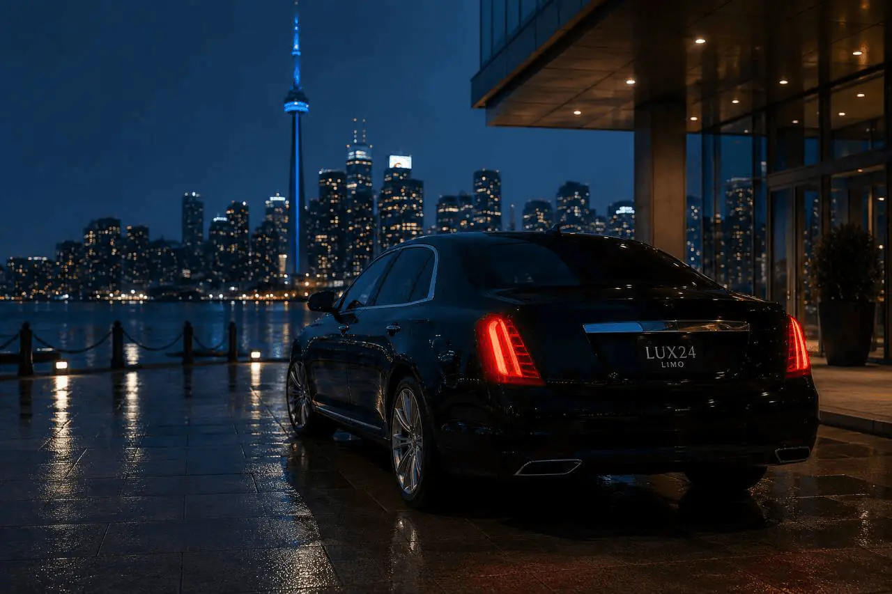 Image LUX24 : A LUX24 chauffeured sedan parked along Toronto's waterfront at night