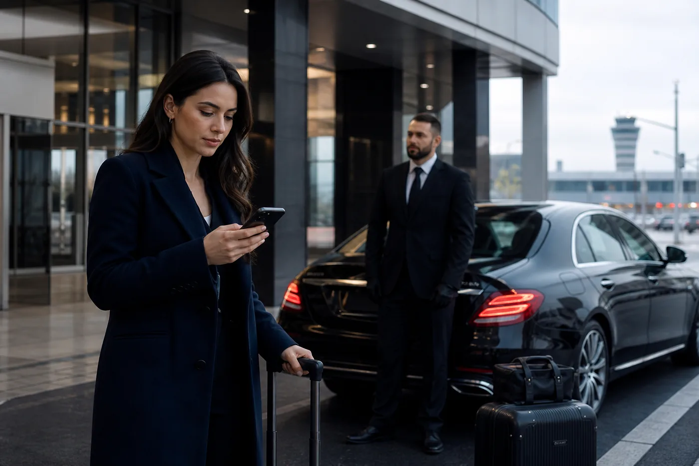 Voyageuse d’affaires coordonnant une prise en charge aéroport LUX24 avec chauffeur
