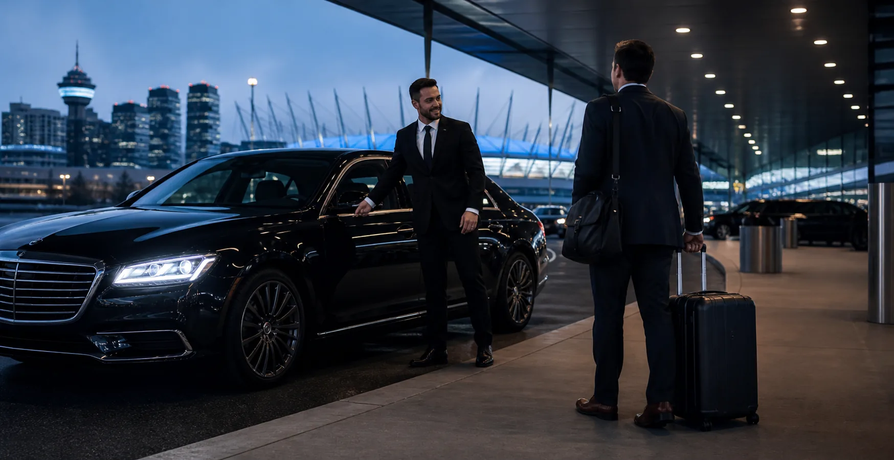 Chauffeur LUX24 accueillant un passager à l’aéroport près d’un véhicule de luxe noir