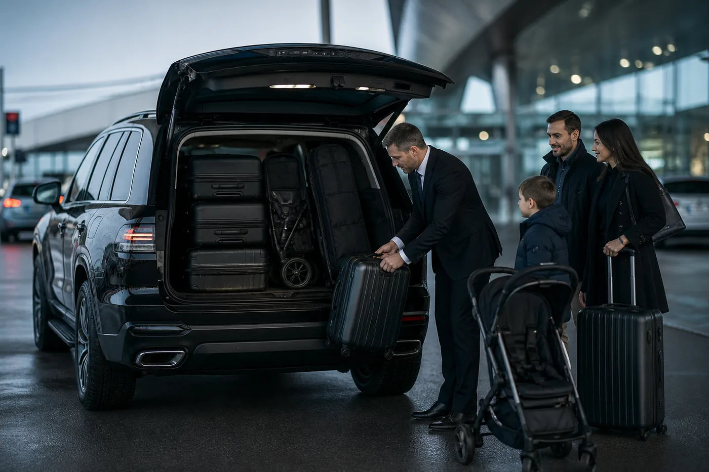 Transfert aéroport en VUS noir avec bagages, poussette et assistance aux passagers