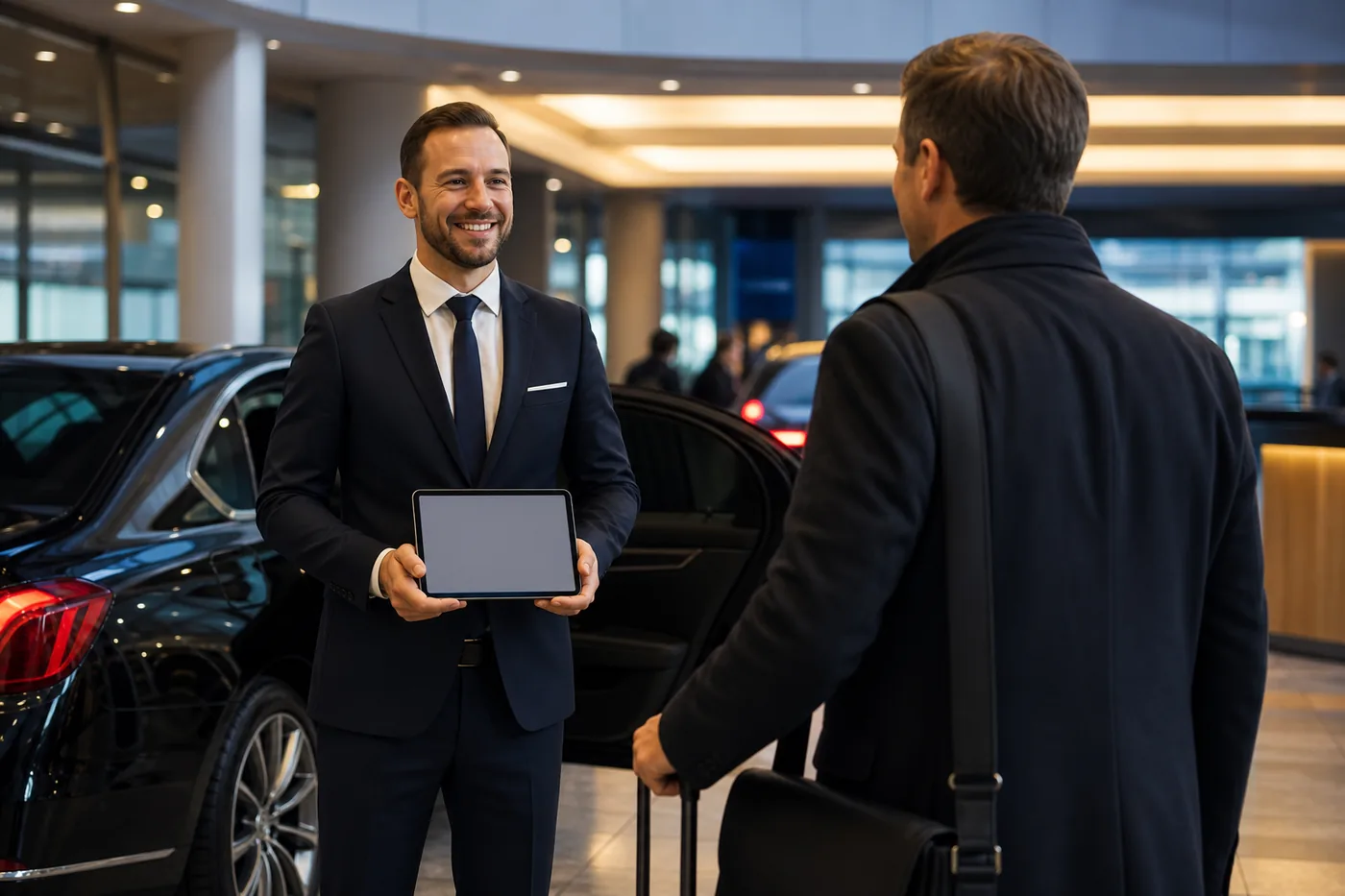 Chauffeur professionnel accueillant un passager à l’aéroport avec une tablette confidentielle