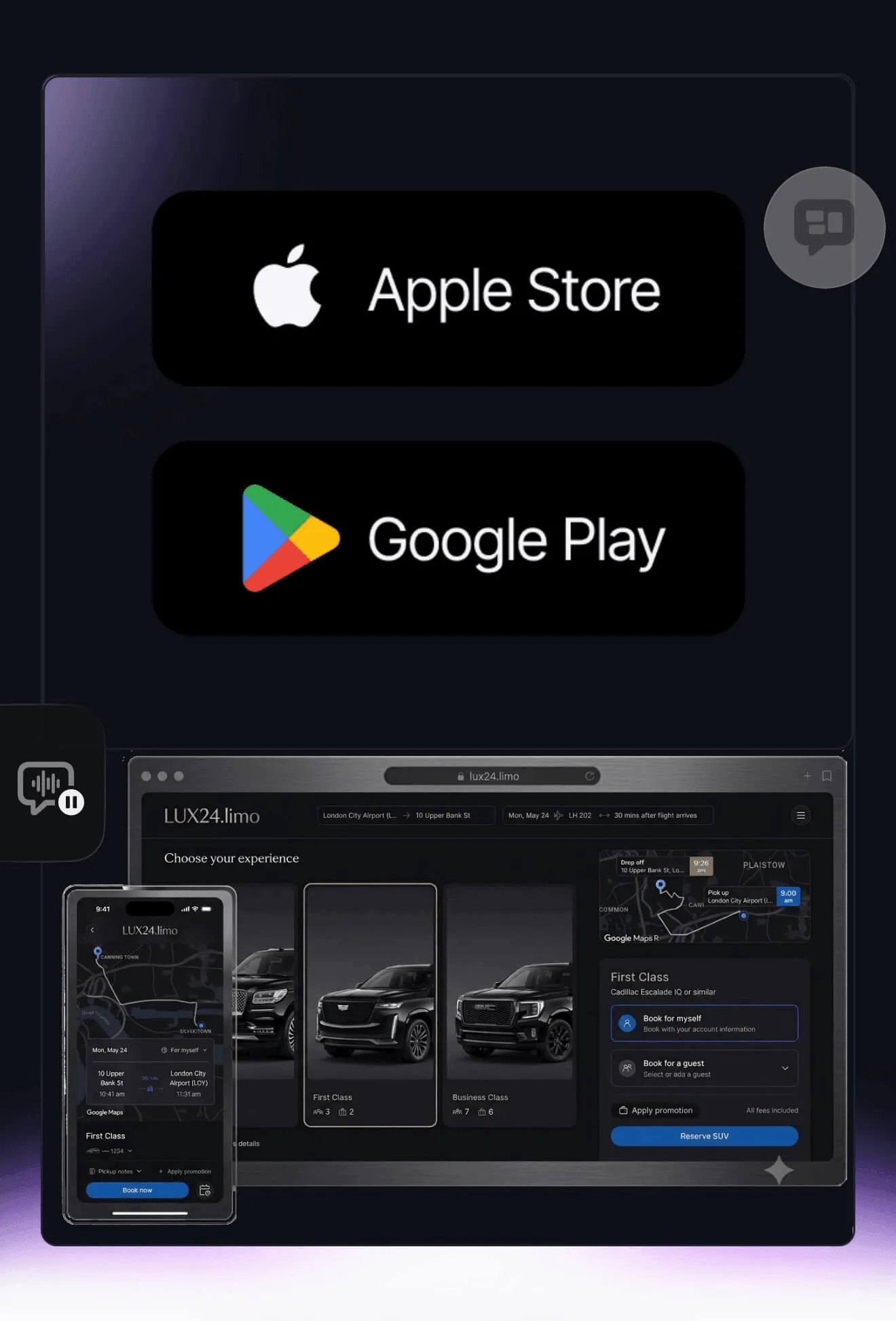LUX24 mobile app for private transportation bookings