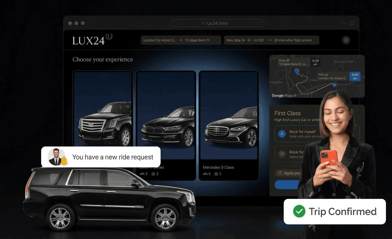 LUX24 platform with vehicle, chauffeur and trip confirmation