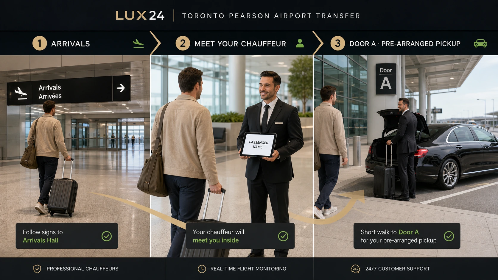 Toronto Pearson Terminal 1 and Terminal 3 guide showing Arrivals, the inside-terminal LUX24 chauffeur meeting and the pre-arranged pickup at Door A