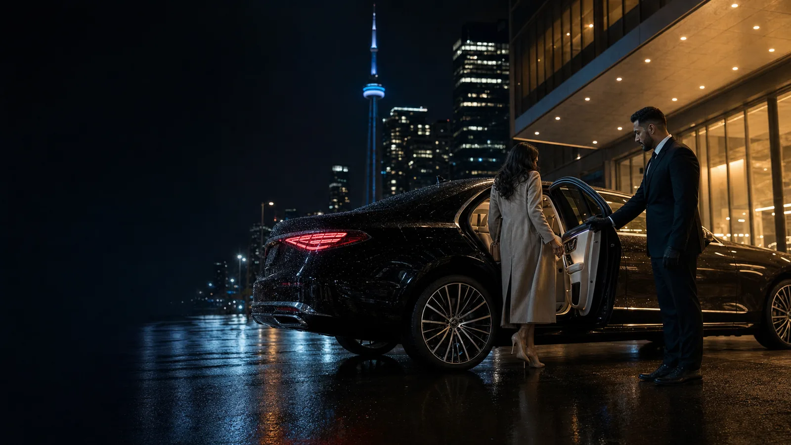 Passenger entering a LUX24 executive sedan with her chauffeur in Toronto at night