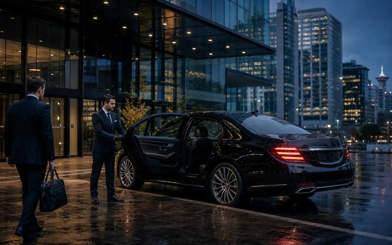 Chauffeur Lux24 ouvrant une berline noire pour un voyageur d’affaires devant une tour de bureaux à Vancouver