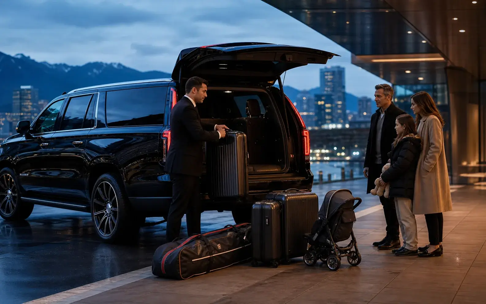 Chauffeur Lux24 chargeant des bagages, de l’équipement de ski et une poussette dans un VUS noir pour un trajet familial à Vancouver