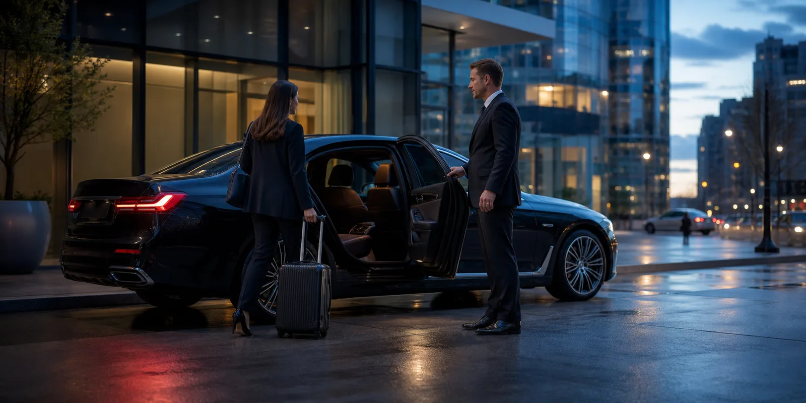 Chauffeur professionnel ouvrant un véhicule de luxe noir pour une passagère avec bagage