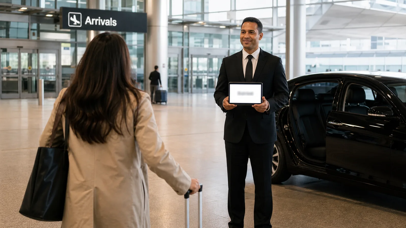 Chauffeur LUX24 accueillant un passager de Niagara Falls avec une tablette nominative dans les arrivées de Pearson