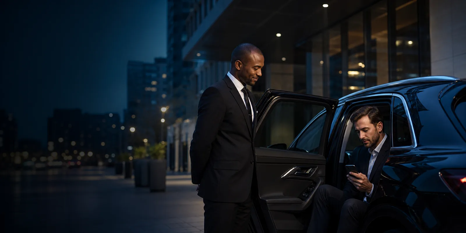 Chauffeur professionnel près d’un véhicule de luxe noir pendant qu’un passager consulte les détails du trajet