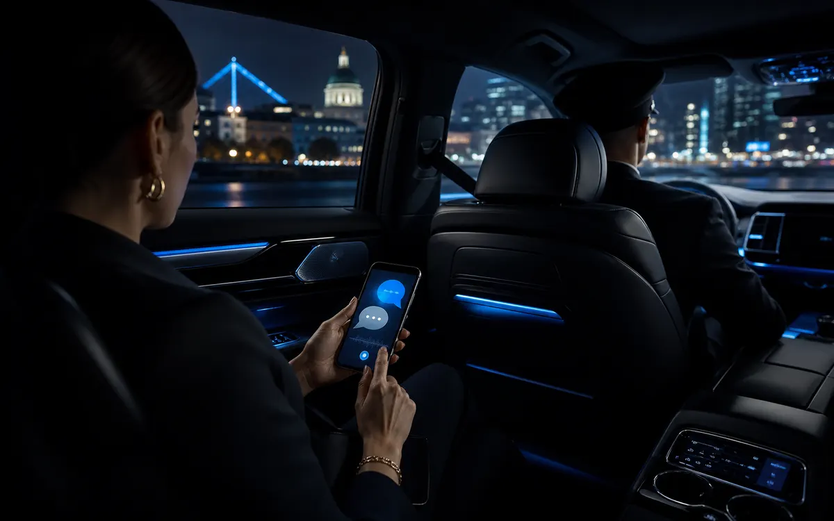 Passagère Lux24 utilisant une préférence linguistique dans un véhicule avec chauffeur à Montréal