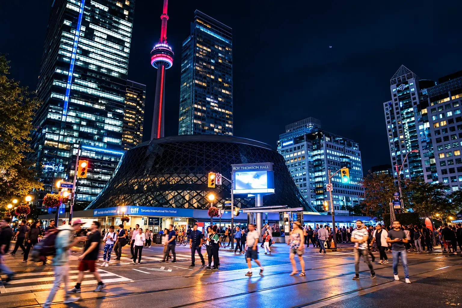 Toronto street at night with the CN Tower and TIFF Lightbox, crowds leaving an event and a black LUX24 SUV waiting at the curb