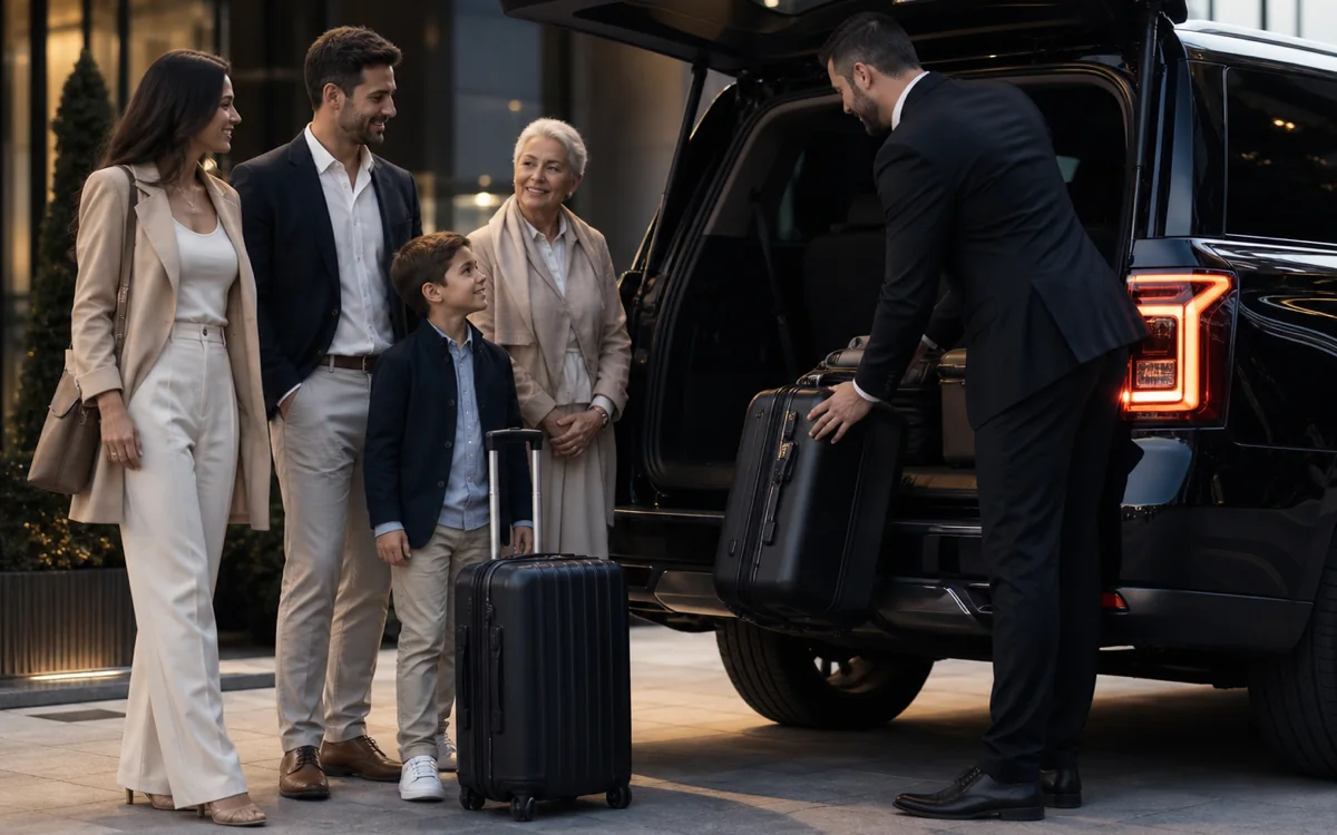 Chauffeur Lux24 chargeant des bagages pour une famille et un groupe à côté d’un VUS de luxe noir