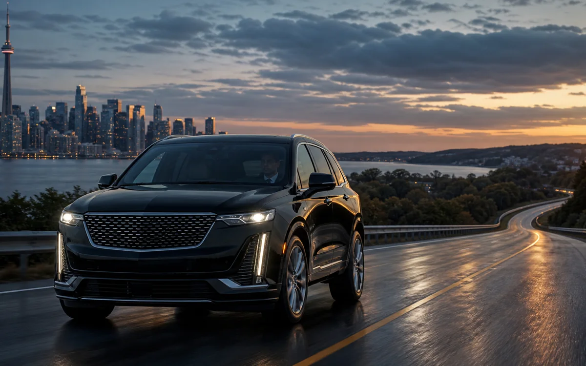 VUS de luxe noir Lux24 quittant Toronto pour un trajet avec chauffeur entre villes