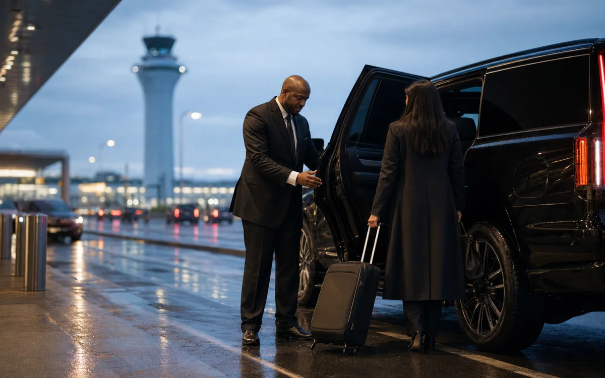 Chauffeur Lux24 aidant un passager avec ses bagages dans une zone de prise en charge à Toronto Pearson