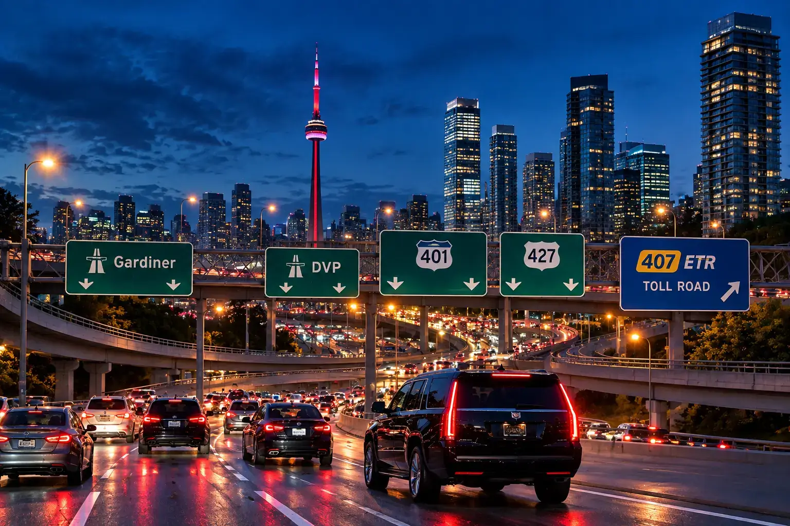 Toronto highway at blue hour with the CN Tower and downtown skyline behind Gardiner, DVP, 401, 427 and 407 ETR signs, traffic below and a black LUX24 SUV on the road