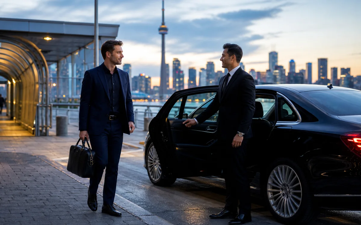 LUX24 chauffeur meeting an arriving passenger near Billy Bishop Airport in Downtown Toronto